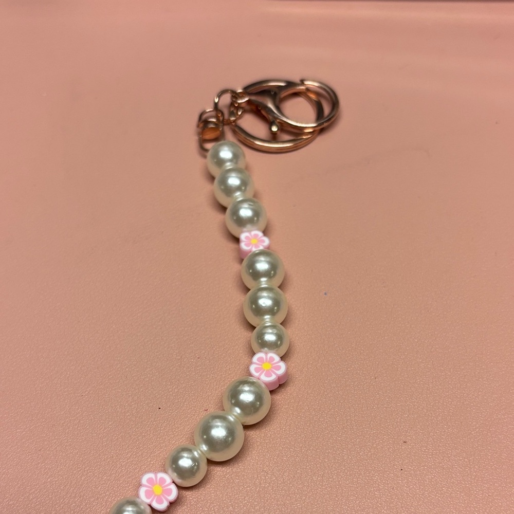 Pearl Beaded Keychain with Pink Flower Accents